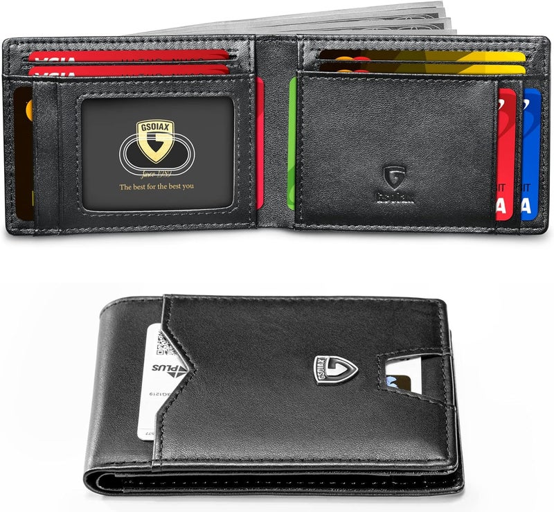 GSOIAX Mens Slim Wallet for Men Minimalist Genuine Leather Carbon Fiber Rfid Blocking Bifold Credit Card Holder With Gift Box (Black) - Image 1